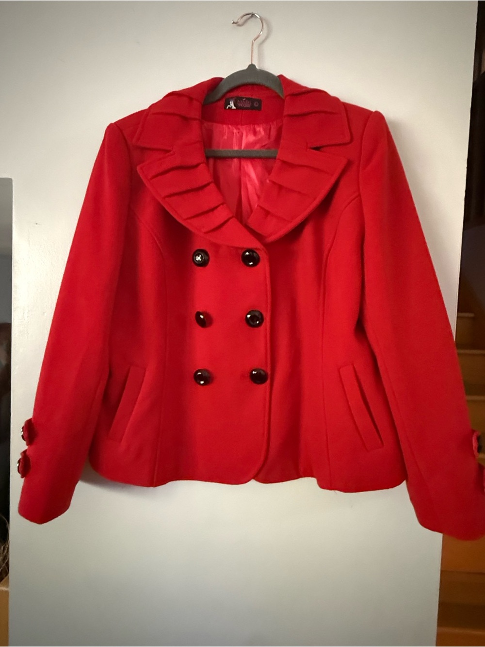 Model France Red Double-Breasted Peacoat Pleated Portrait Collar L